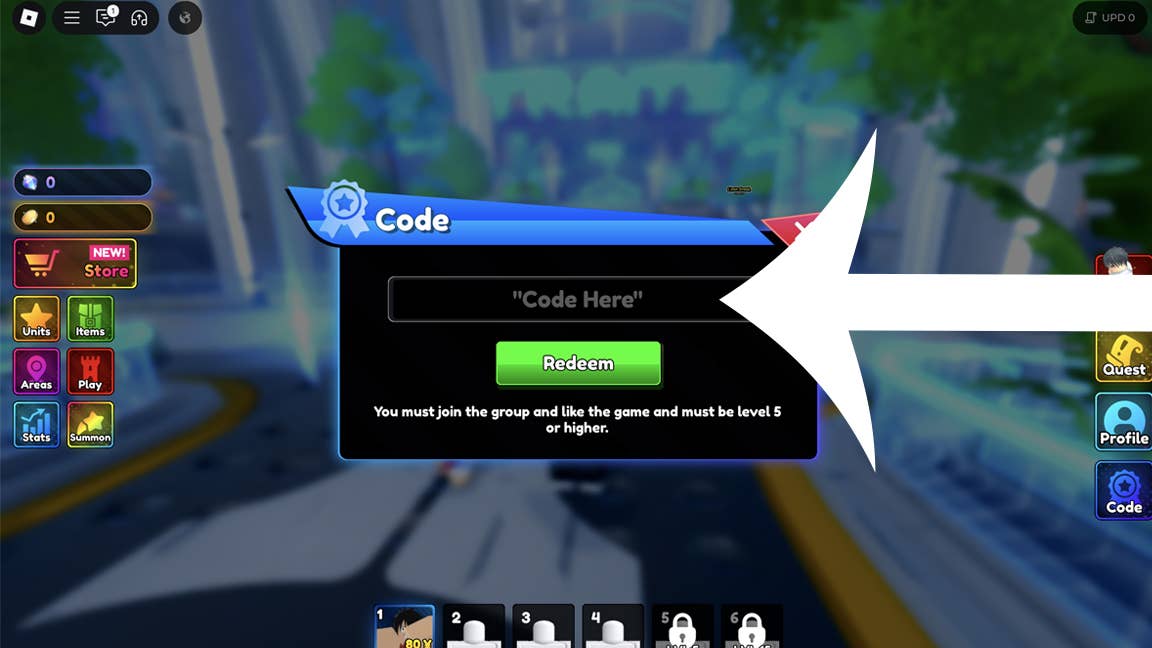 Anime Rangers X code redemption menu with text field and redeem button