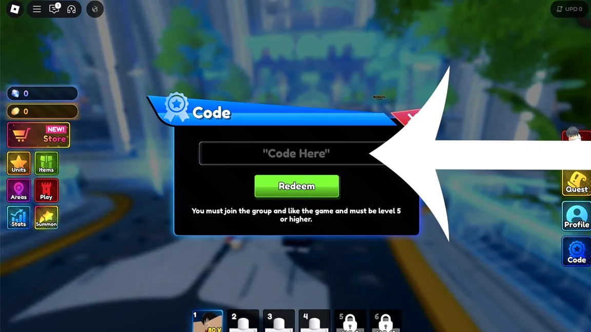 Anime Rangers X code redemption menu with text field and redeem button